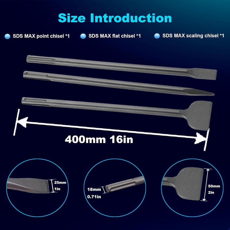 Phyxlyn 16-Inch SDS Max Chisel Set, Flat Chisel 1" (25MM) Width, Point Chisel, Scaling Chisel (50MM) Width, Ideal for Concrete Demolition, Tile Removal Tool for SDS-Max Hammer Drill Attachment - Image 3